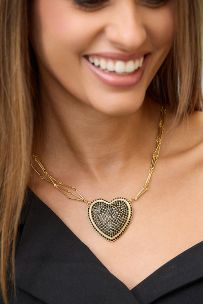 Chained Pave Heart Necklace - Black